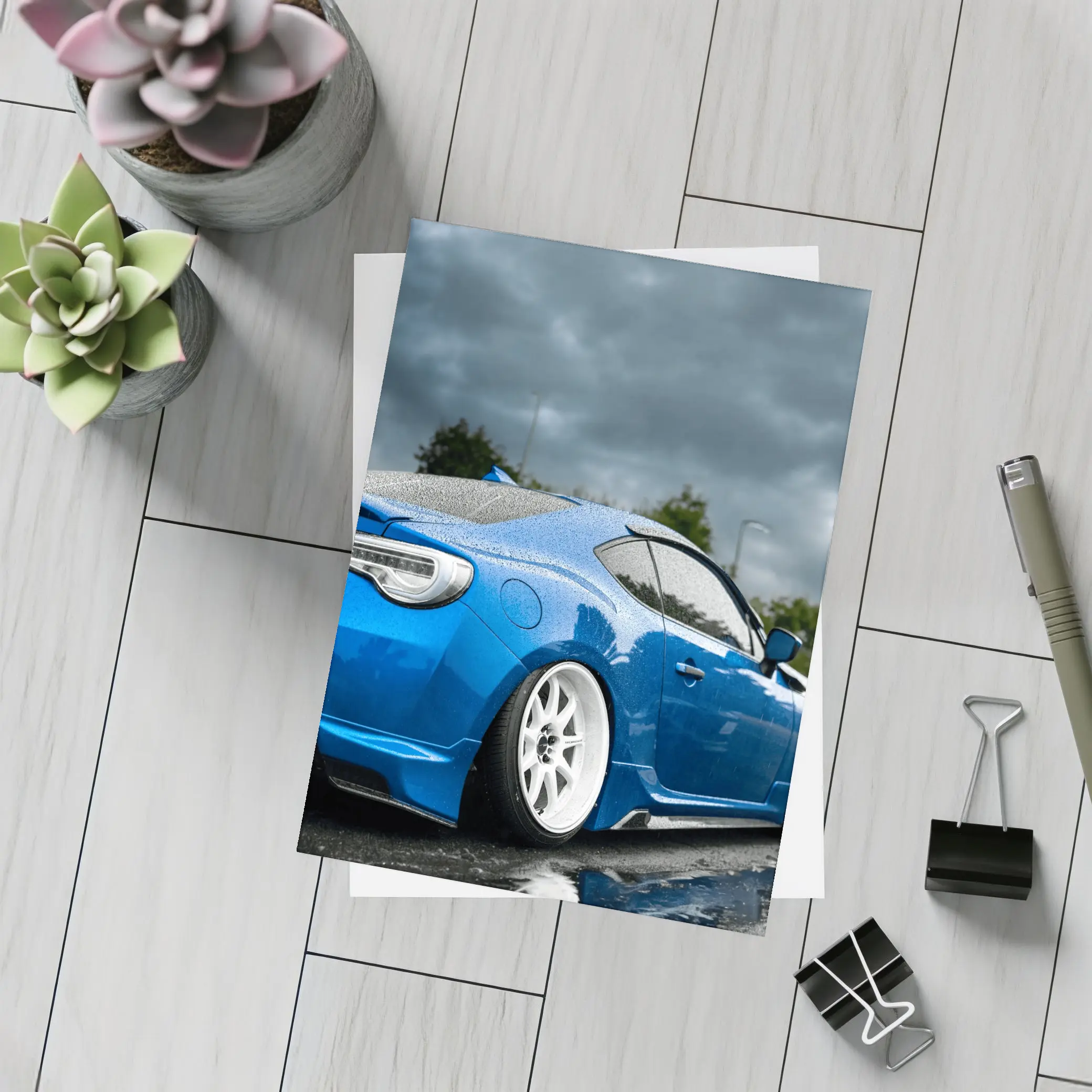 Subaru BRZ Blue Stance Rainy Overcast Sky – Postcards