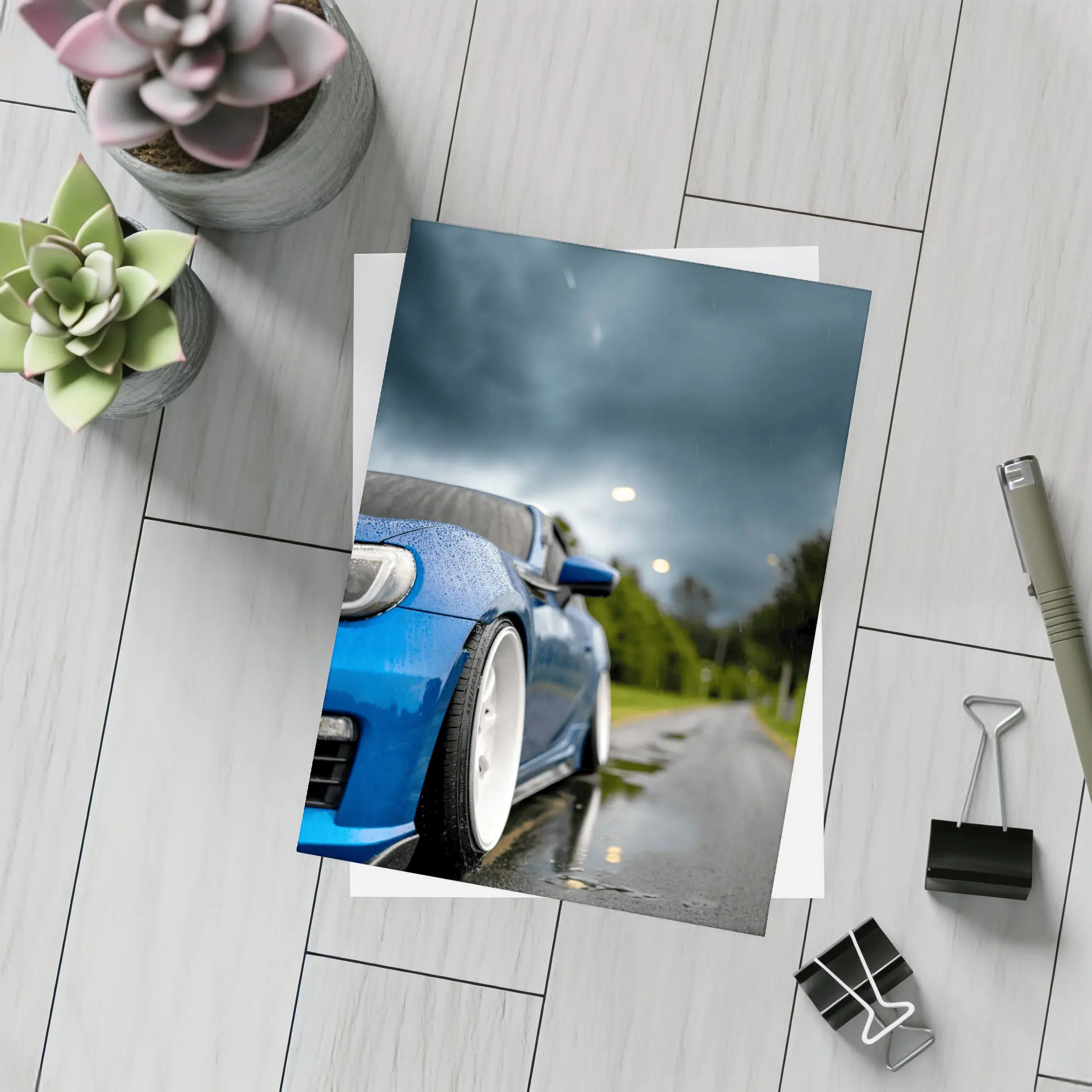 Subaru BRZ Blue Wet Road Stormy Sky – Postcards
