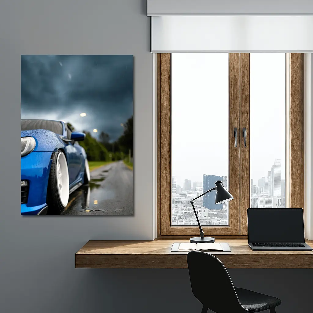 Subaru BRZ Blue Wet Road Stormy Sky – Wall Art