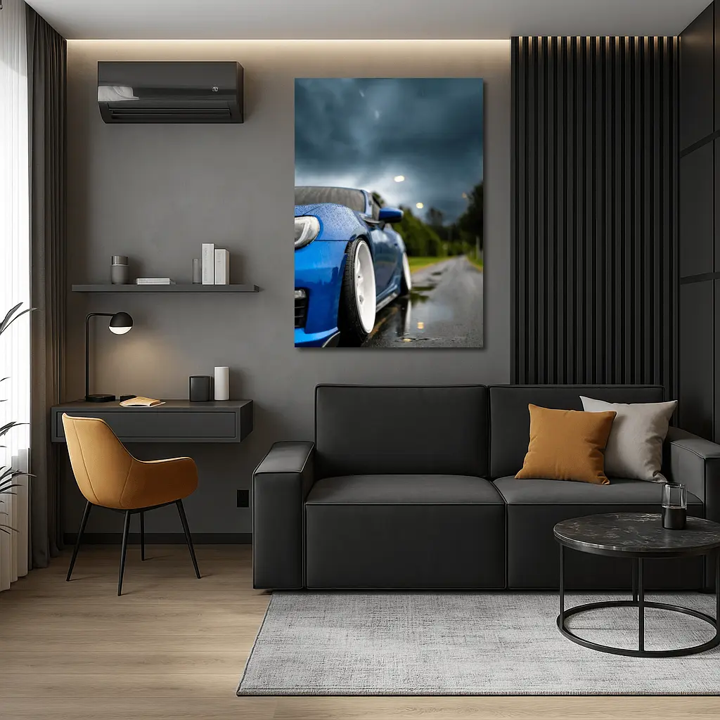 Subaru BRZ Blue Wet Road Stormy Sky – Wall Art