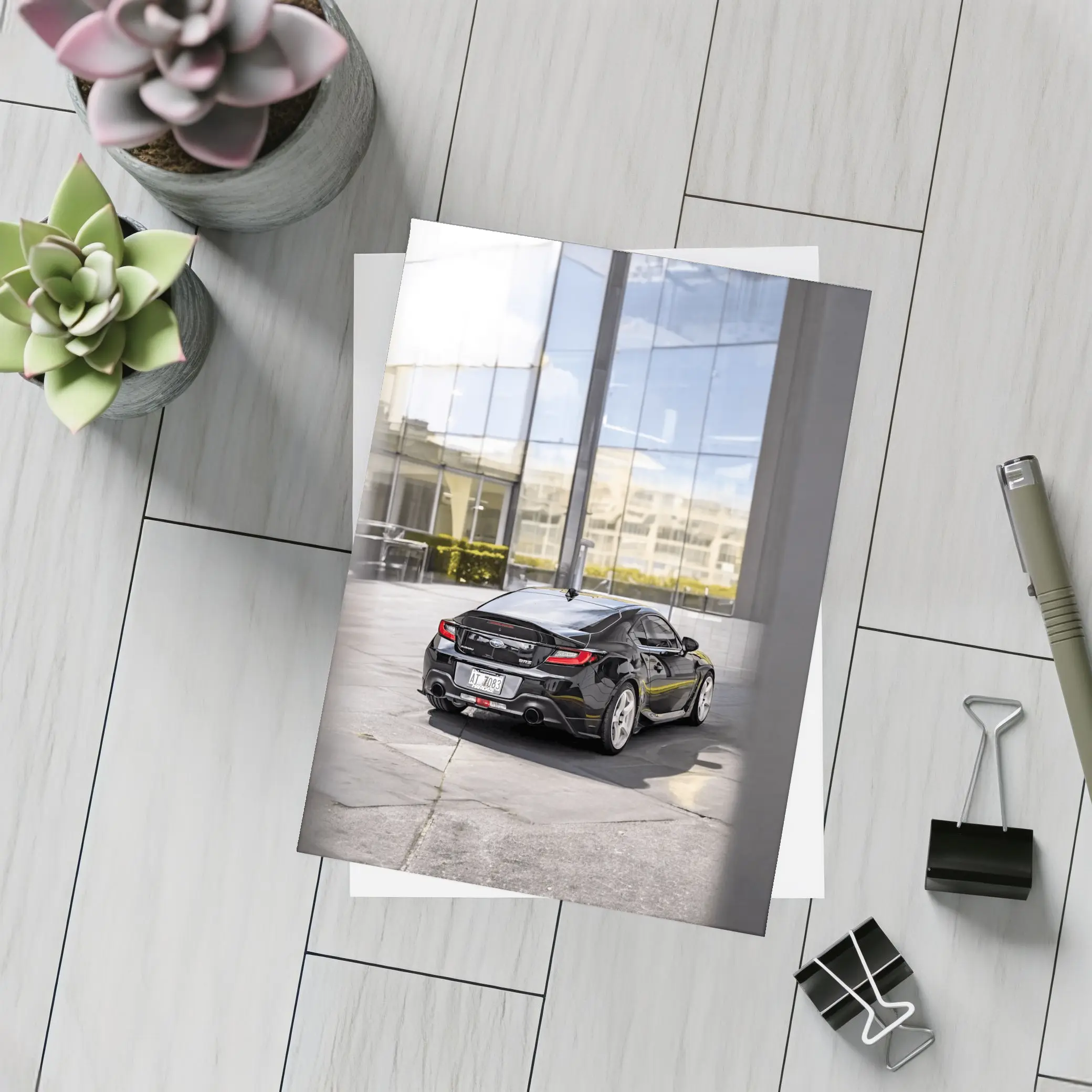 Subaru BRZ Black Coupe Glass Building – Postcards