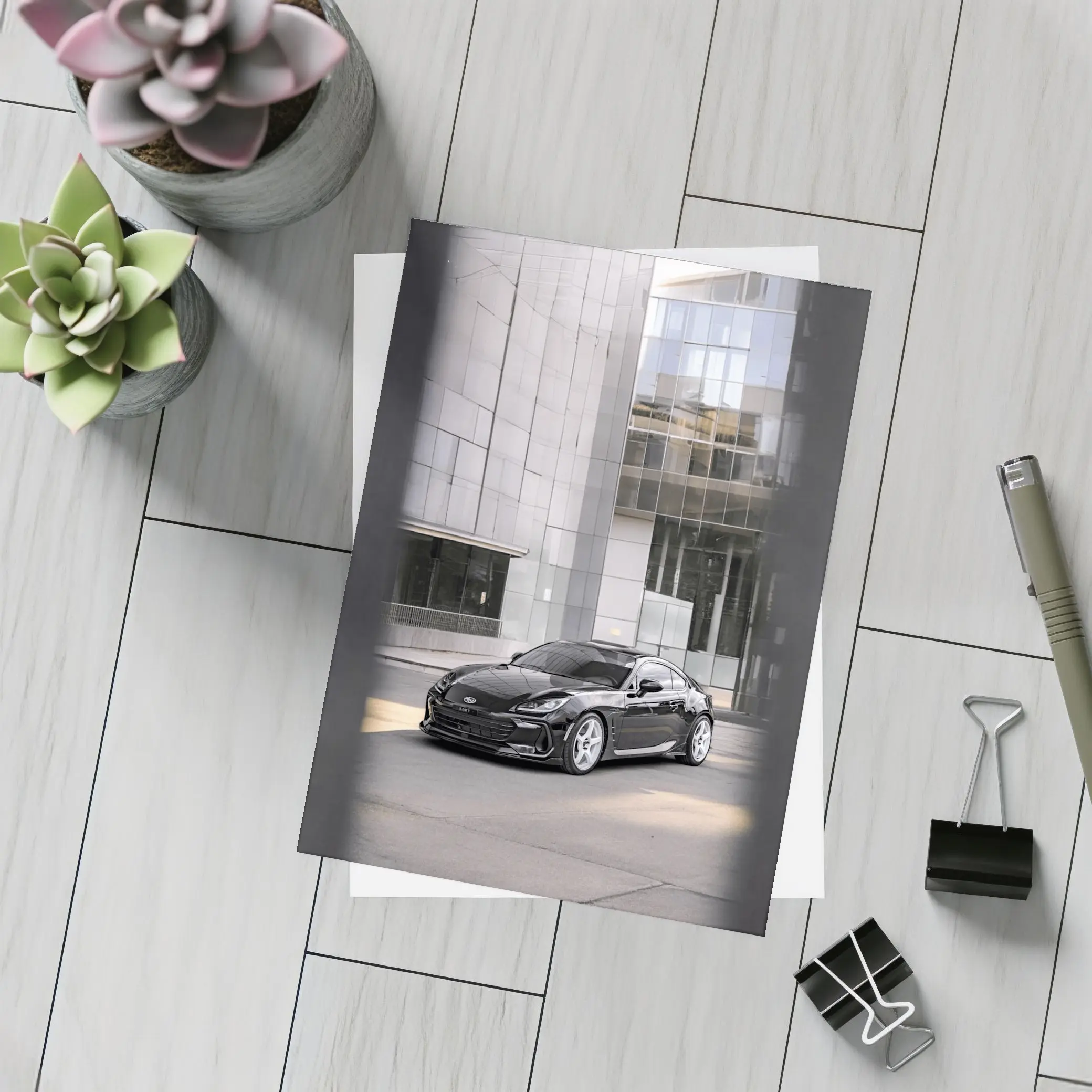Subaru BRZ Black Coupe Glass Building Street – Postcards