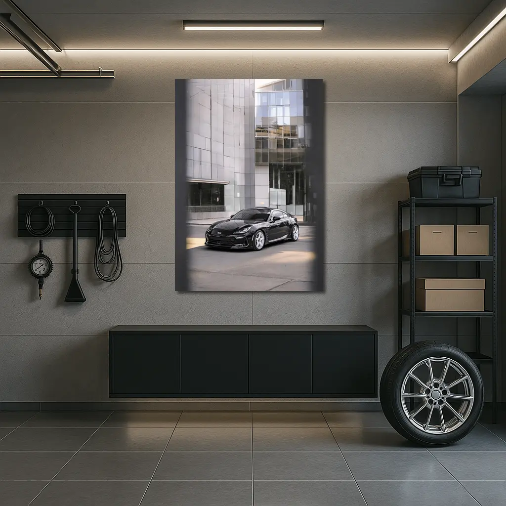 Subaru BRZ Black Coupe Glass Building Street – Wall Art