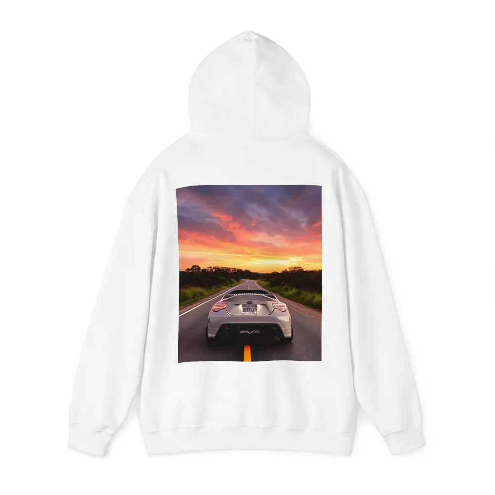 Subaru BRZ Rear View Sunset Road – Hoodies
