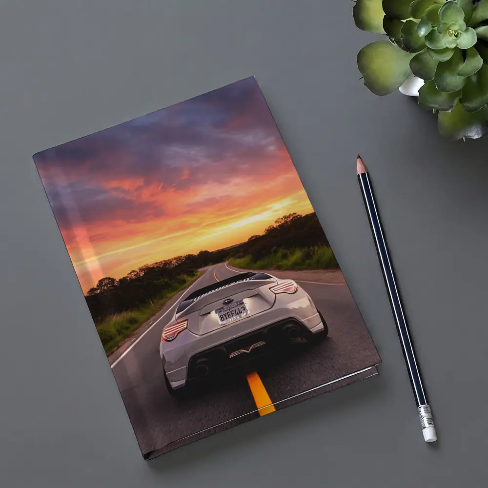 Subaru BRZ Rear View Sunset Road – Notebooks