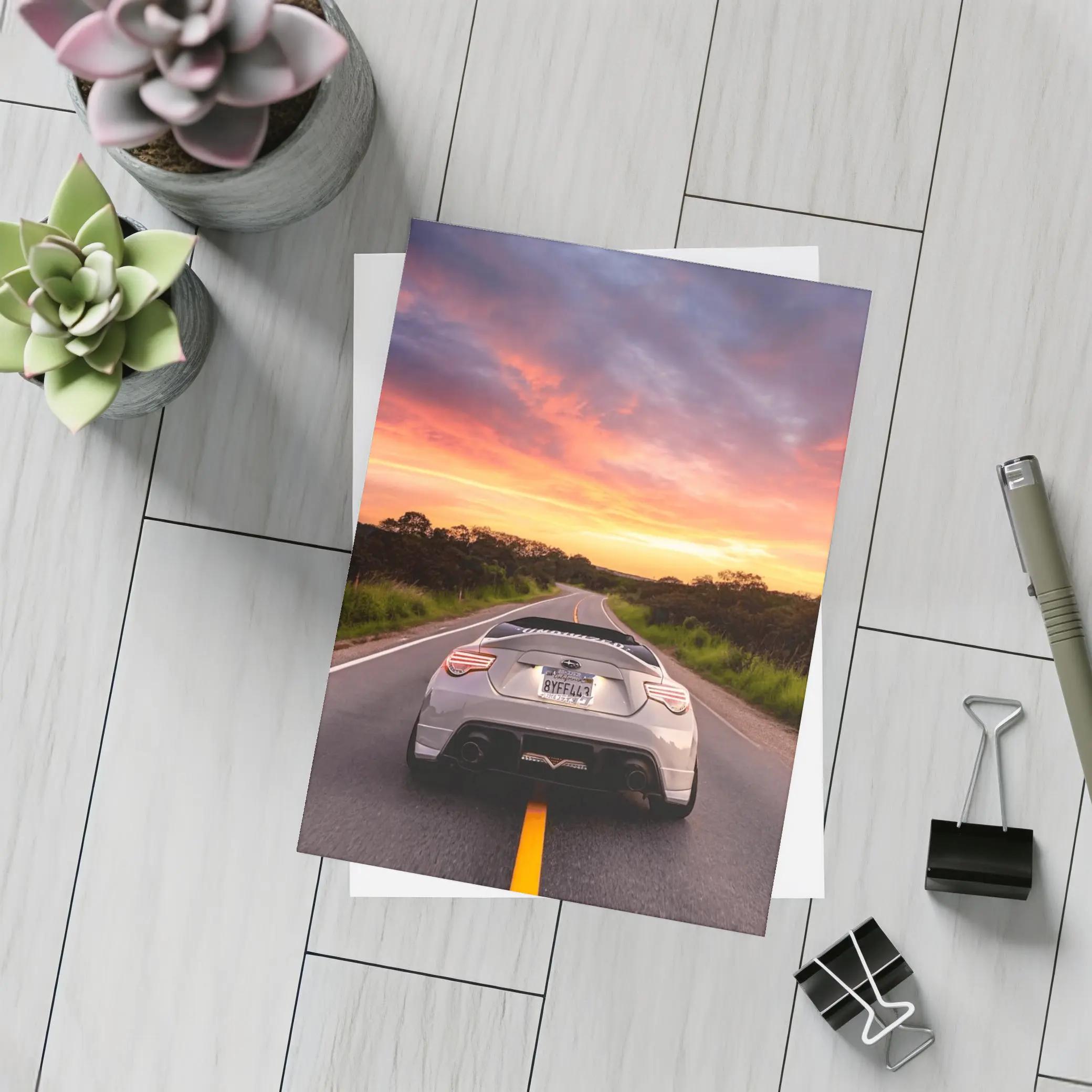 Subaru BRZ Rear View Sunset Road – Postcards
