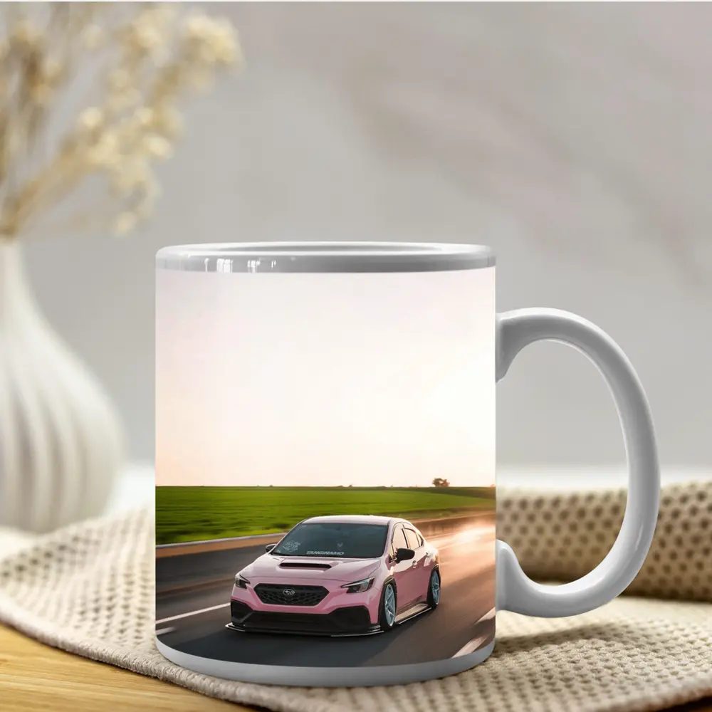 Pink Subaru WRX Speeding Open Road – Mugs