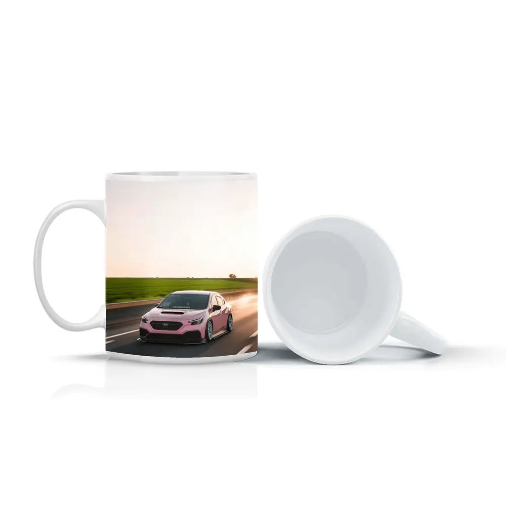 Pink Subaru WRX Speeding Open Road – Mugs
