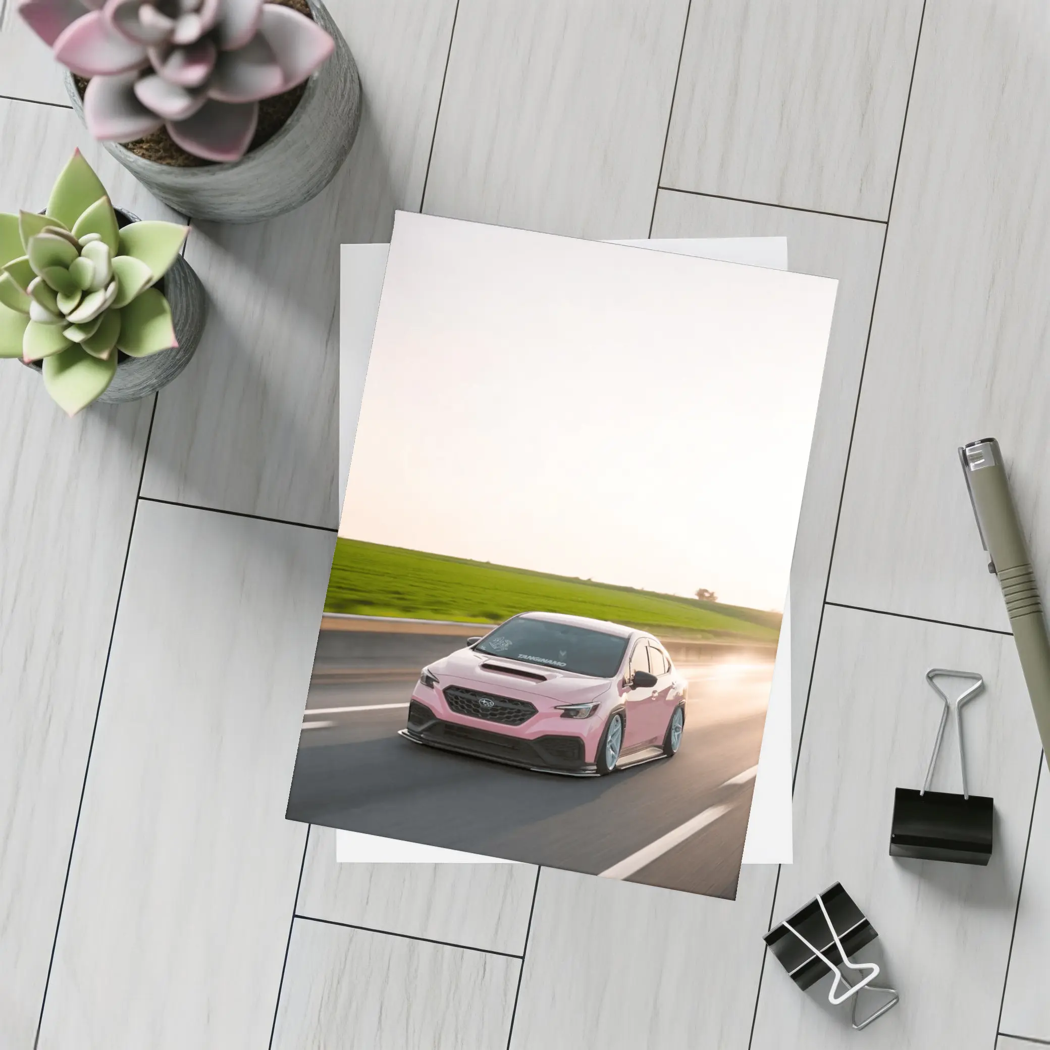 Pink Subaru WRX Speeding Open Road – Postcards