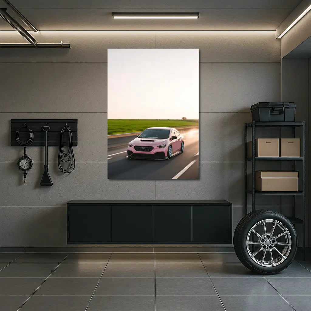 Pink Subaru WRX Speeding Open Road – Wall Art