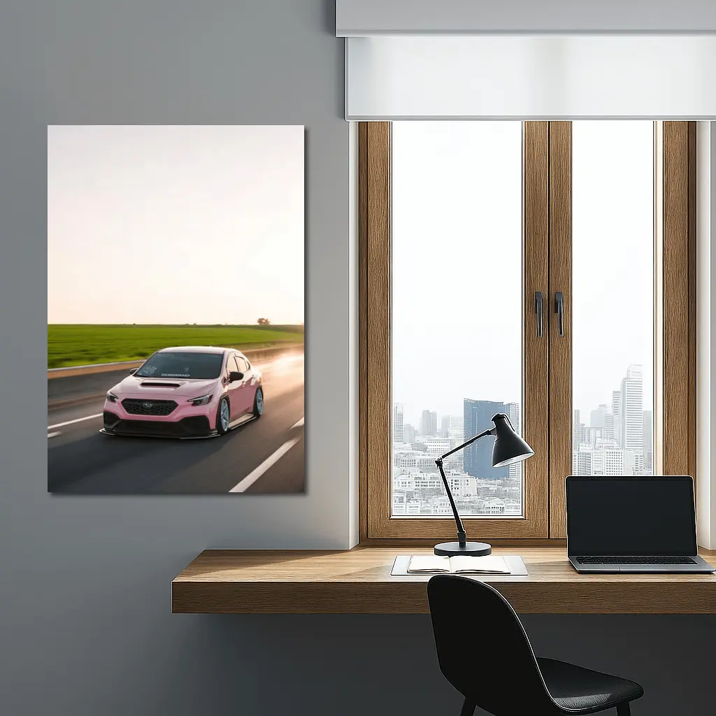 Pink Subaru WRX Speeding Open Road – Wall Art