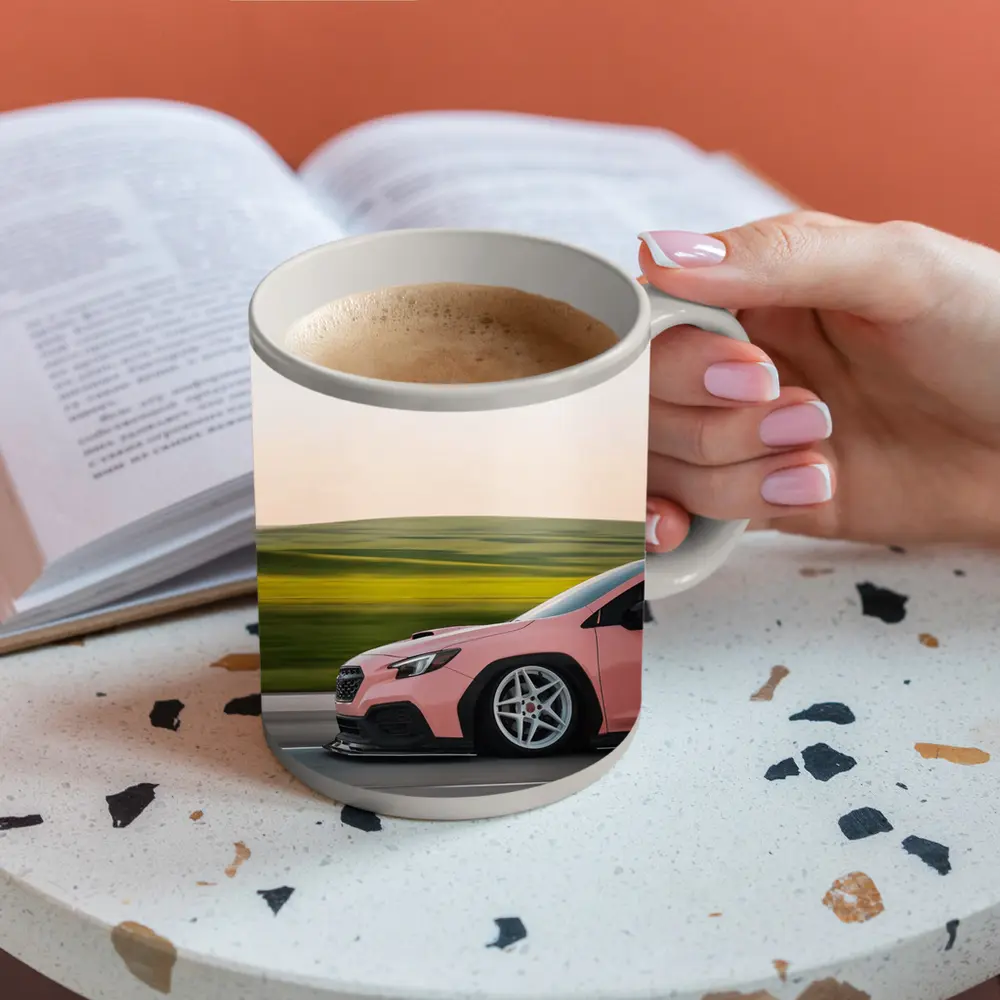 Pink Subaru WRX Speeding Through Green Fields – Mugs