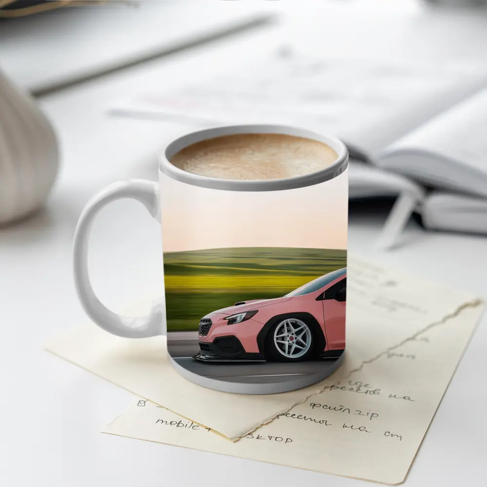 Pink Subaru WRX Speeding Through Green Fields – Mugs