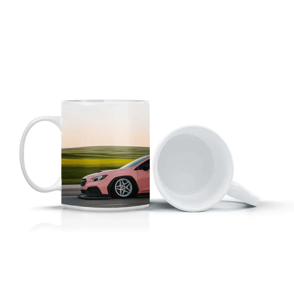 Pink Subaru WRX Speeding Through Green Fields – Mugs
