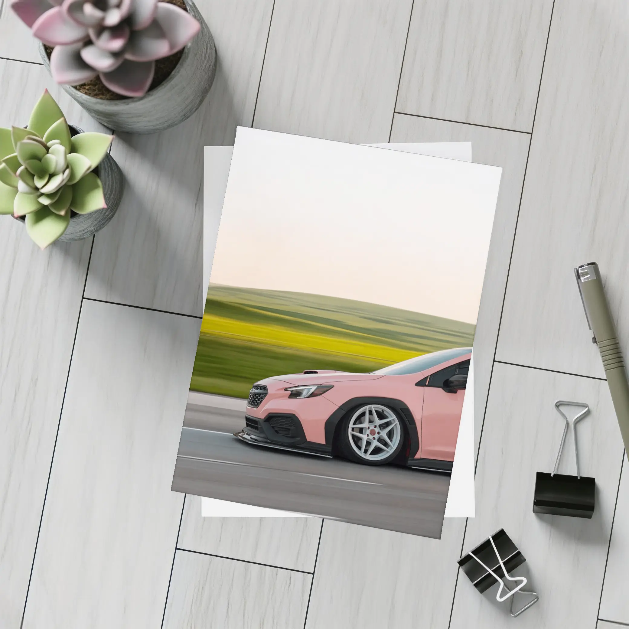Pink Subaru WRX Speeding Through Green Fields – Postcards