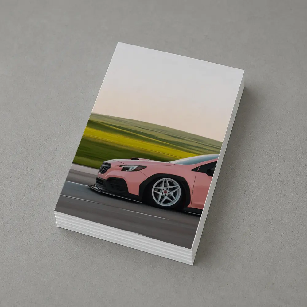 Pink Subaru WRX Speeding Through Green Fields – Postcards