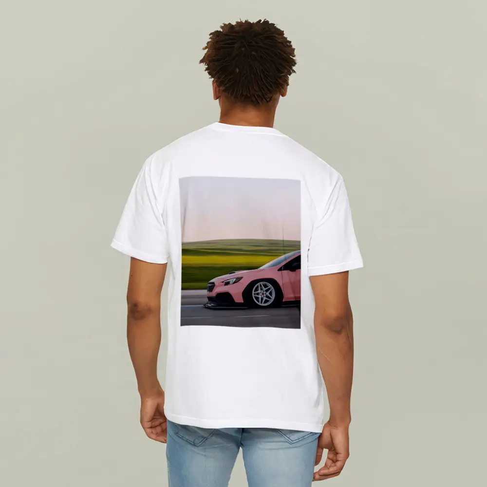 Pink Subaru WRX Speeding Through Green Fields – T-Shirts