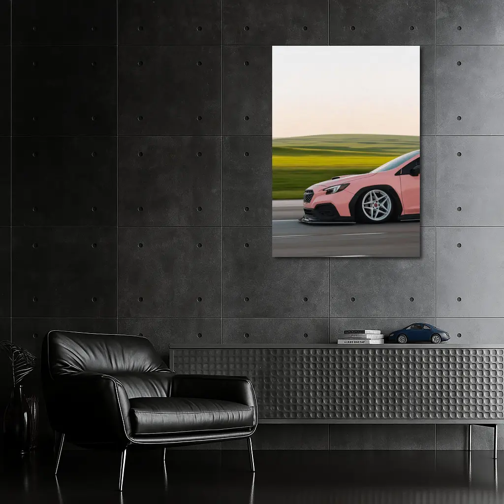 Pink Subaru WRX Speeding Through Green Fields – Wall Art