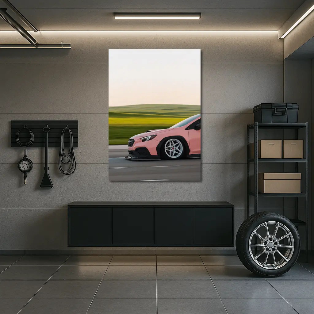 Pink Subaru WRX Speeding Through Green Fields – Wall Art