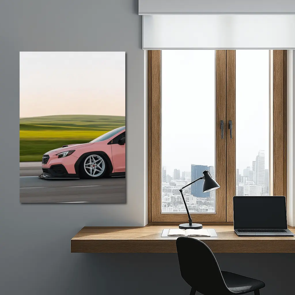 Pink Subaru WRX Speeding Through Green Fields – Wall Art