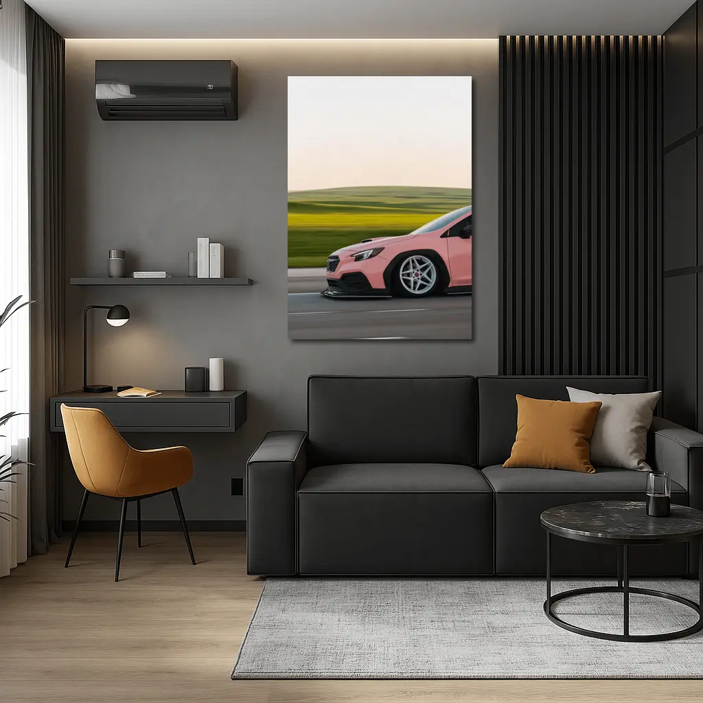 Pink Subaru WRX Speeding Through Green Fields – Wall Art