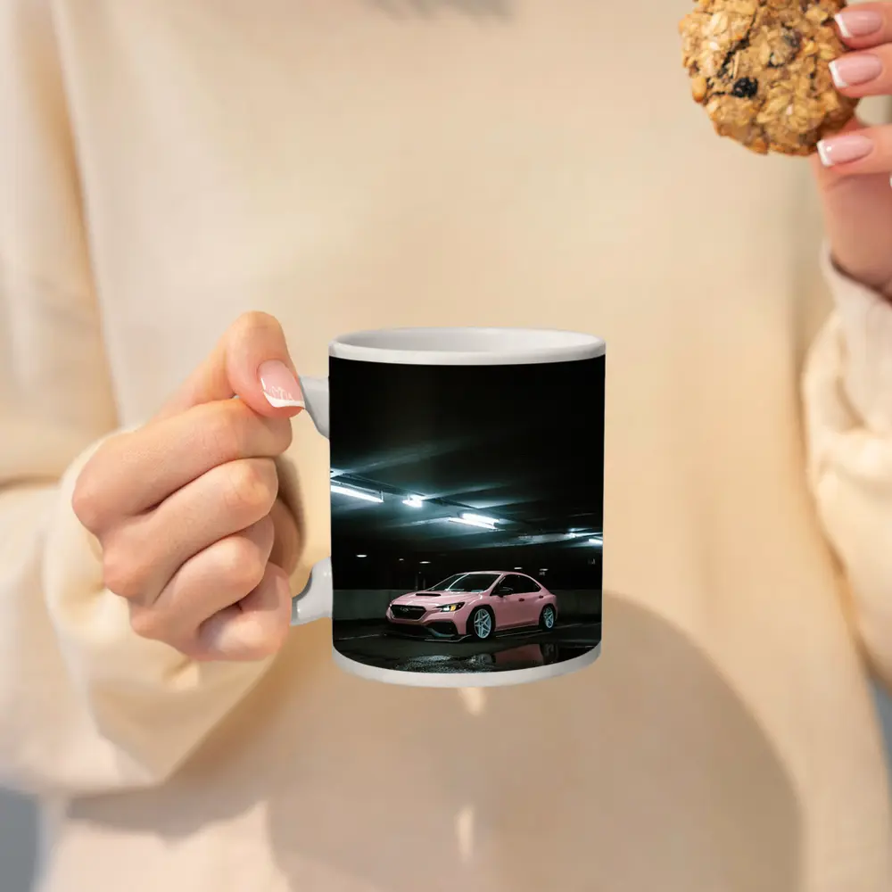 Subaru WRX Pink Slammed Parking Garage Night – Mugs