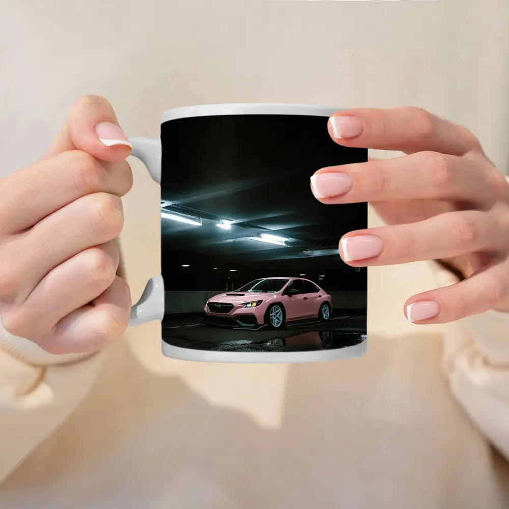 Subaru WRX Pink Slammed Parking Garage Night – Mugs