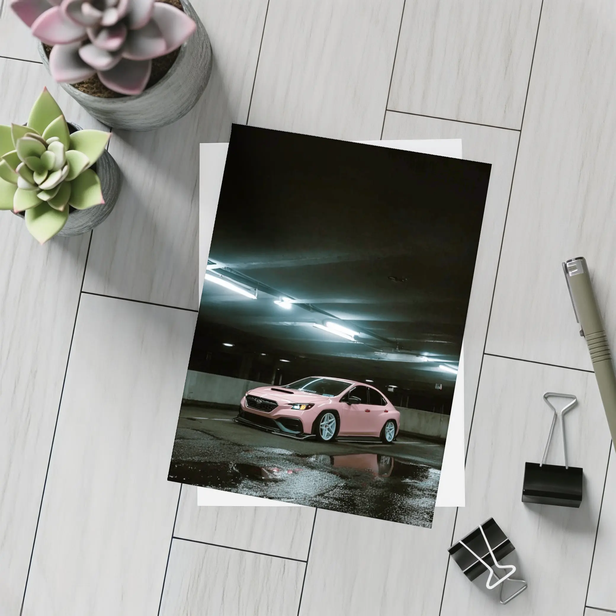 Subaru WRX Pink Slammed Parking Garage Night – Postcards
