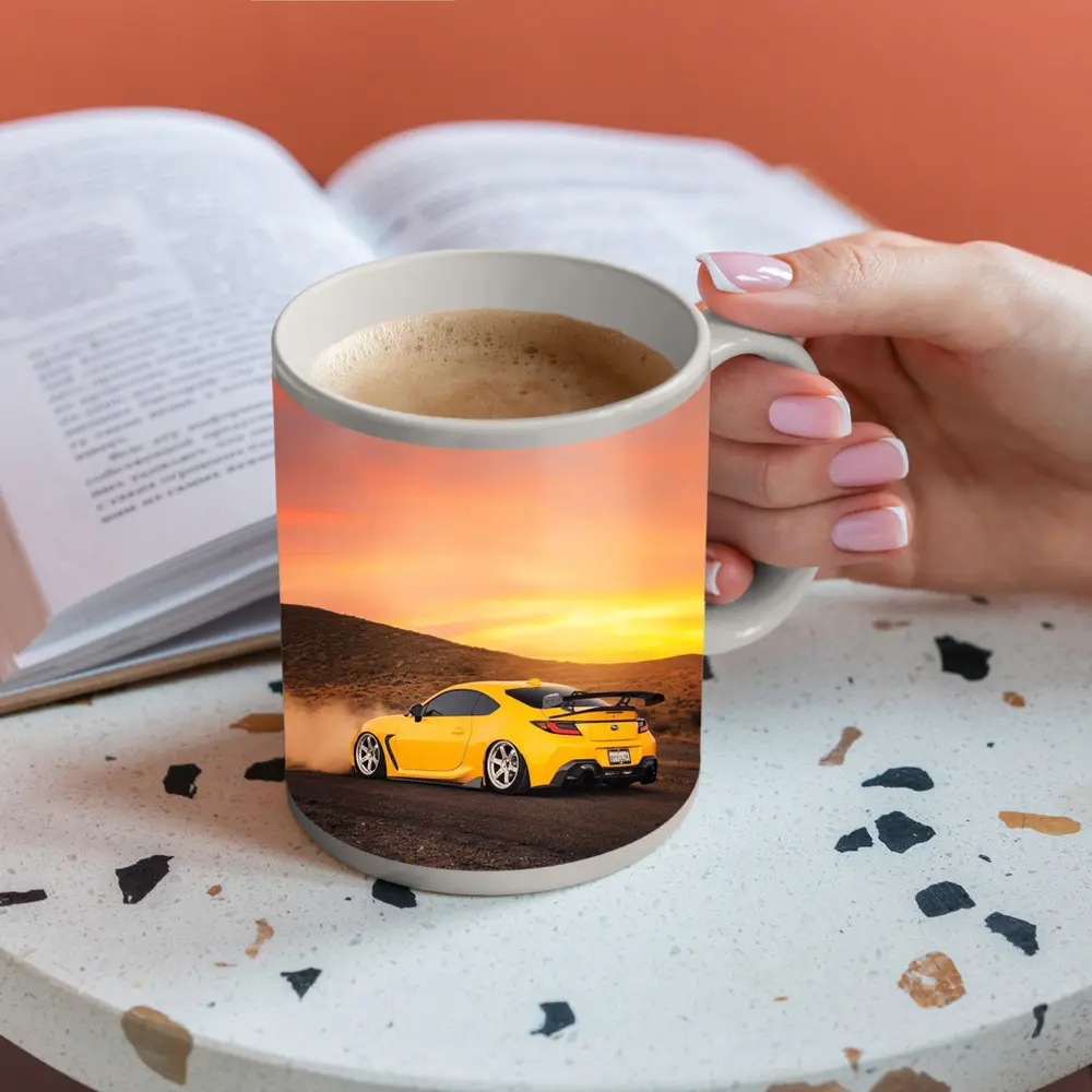 Subaru BRZ Yellow Drifting Desert Sunset – Mugs