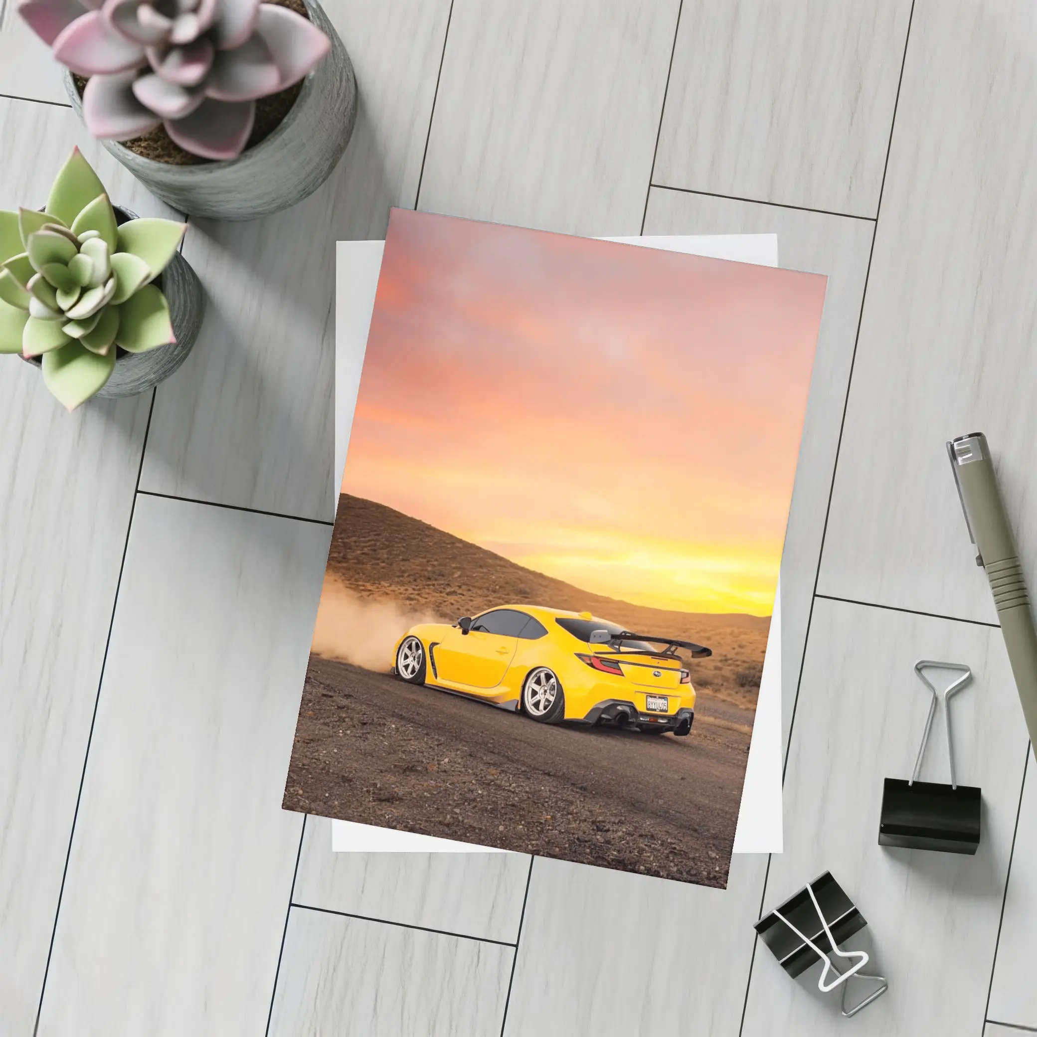Subaru BRZ Yellow Drifting Desert Sunset – Postcards