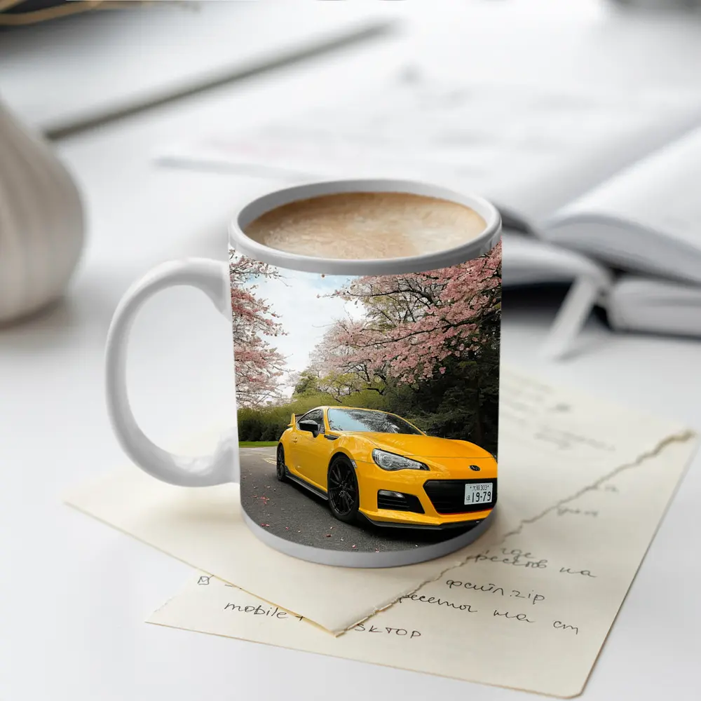 Yellow Subaru BRZ Under Cherry Blossoms – Mugs