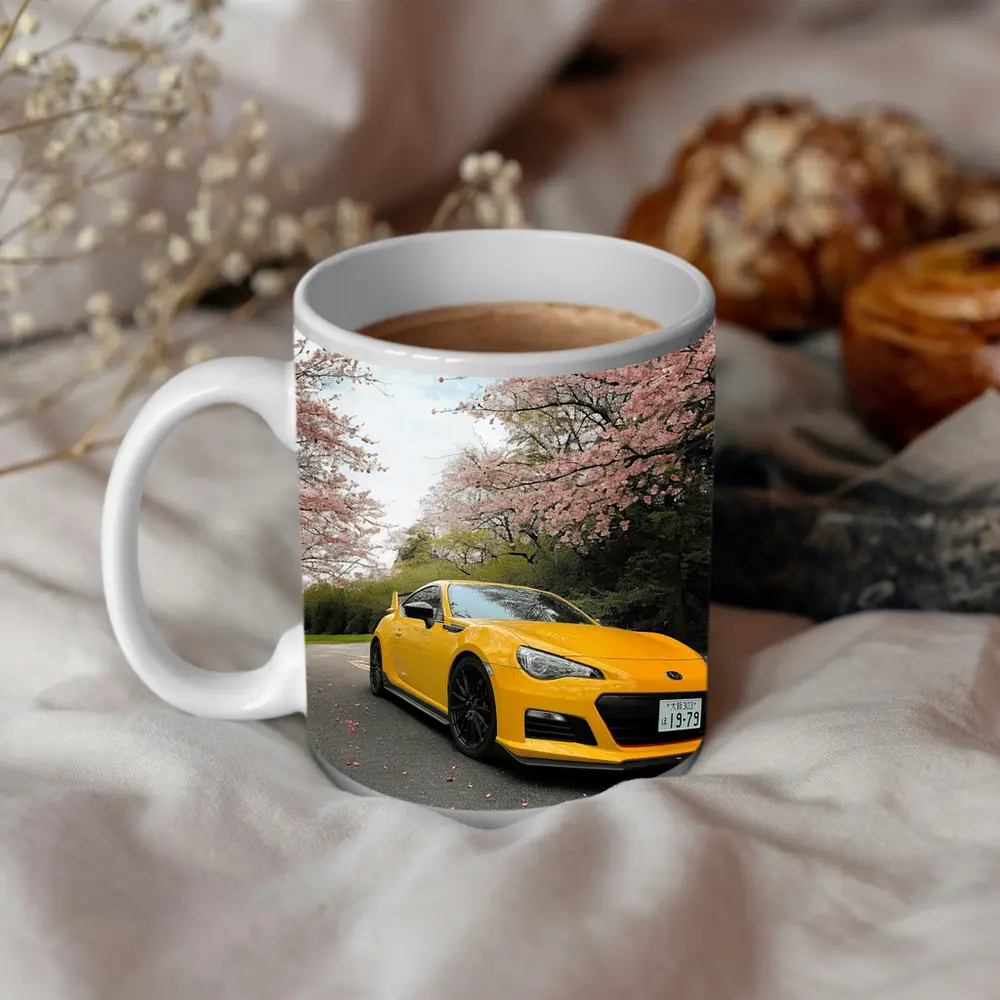 Yellow Subaru BRZ Under Cherry Blossoms – Mugs