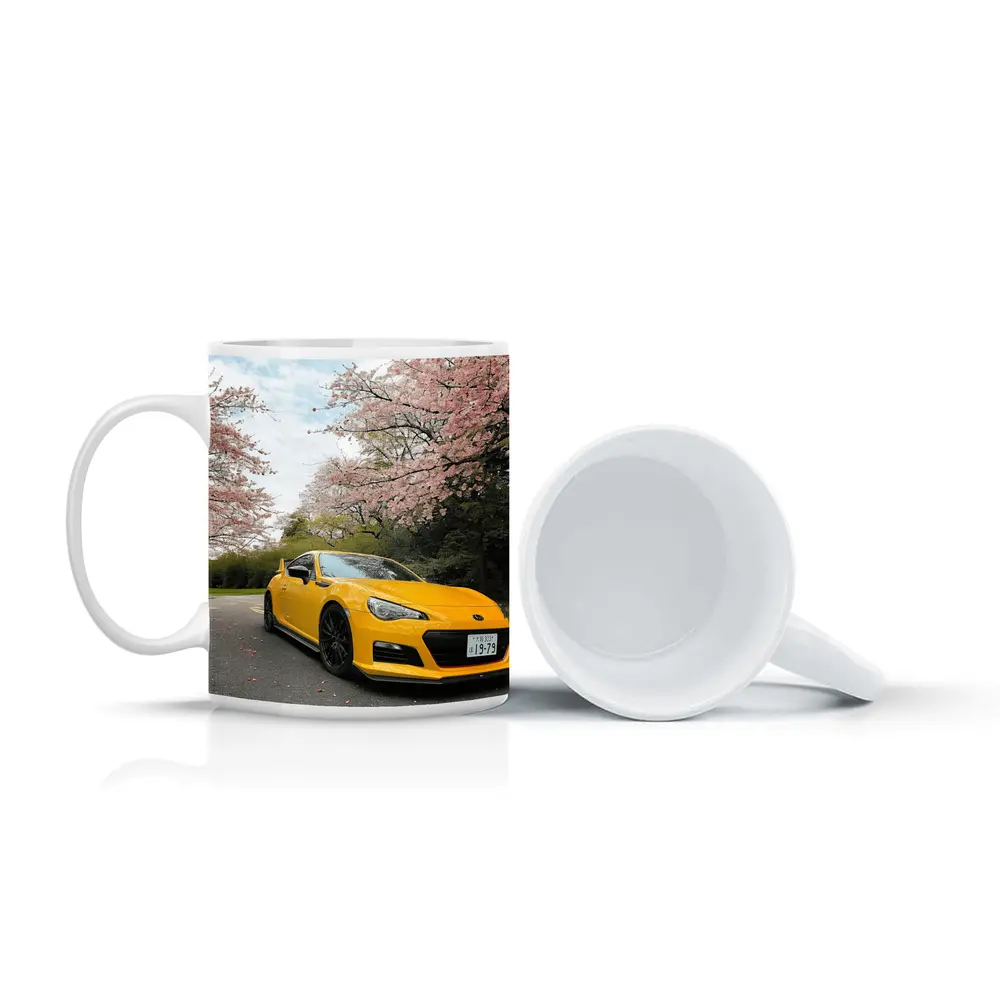 Yellow Subaru BRZ Under Cherry Blossoms – Mugs