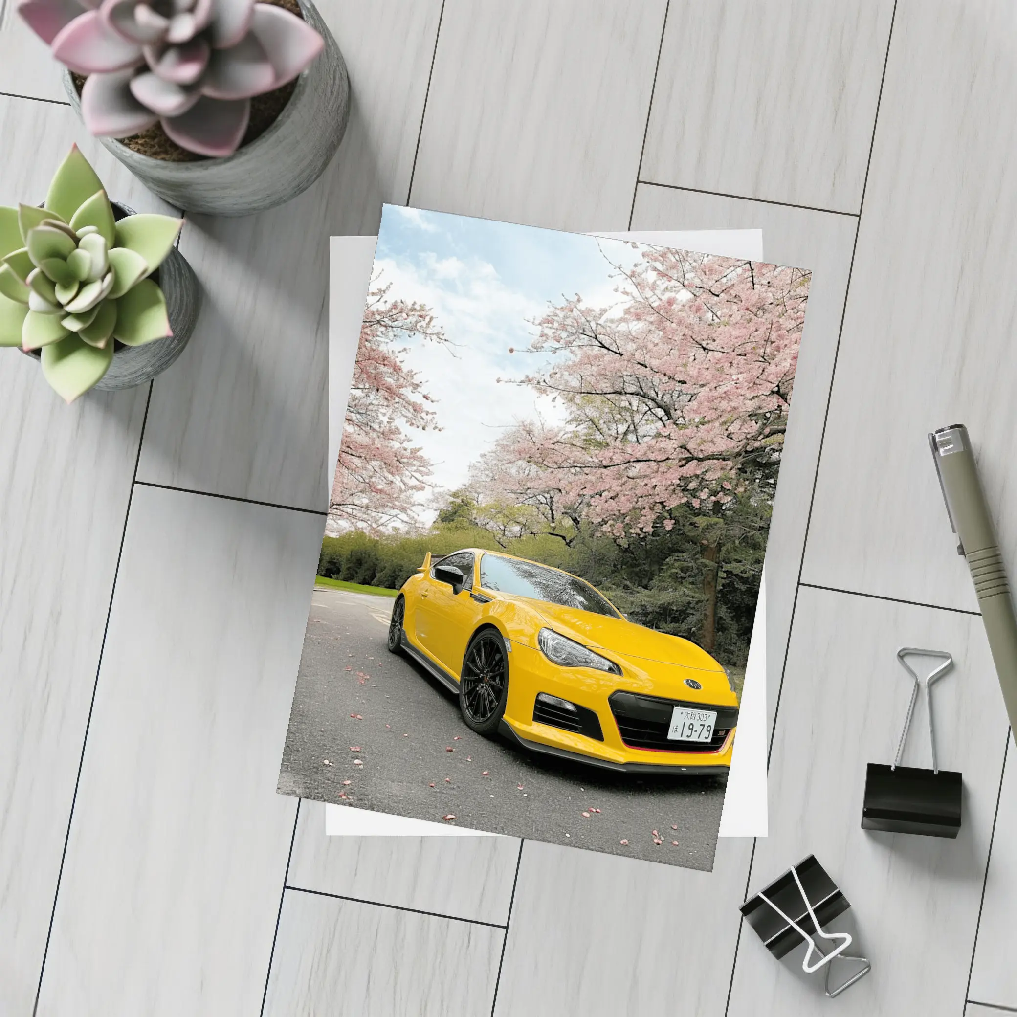Yellow Subaru BRZ Under Cherry Blossoms – Postcards