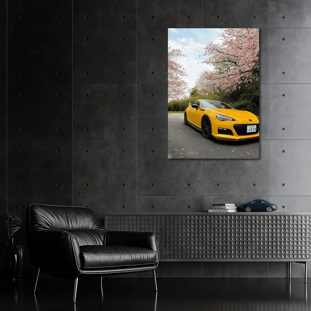 Yellow Subaru BRZ Under Cherry Blossoms – Wall Art