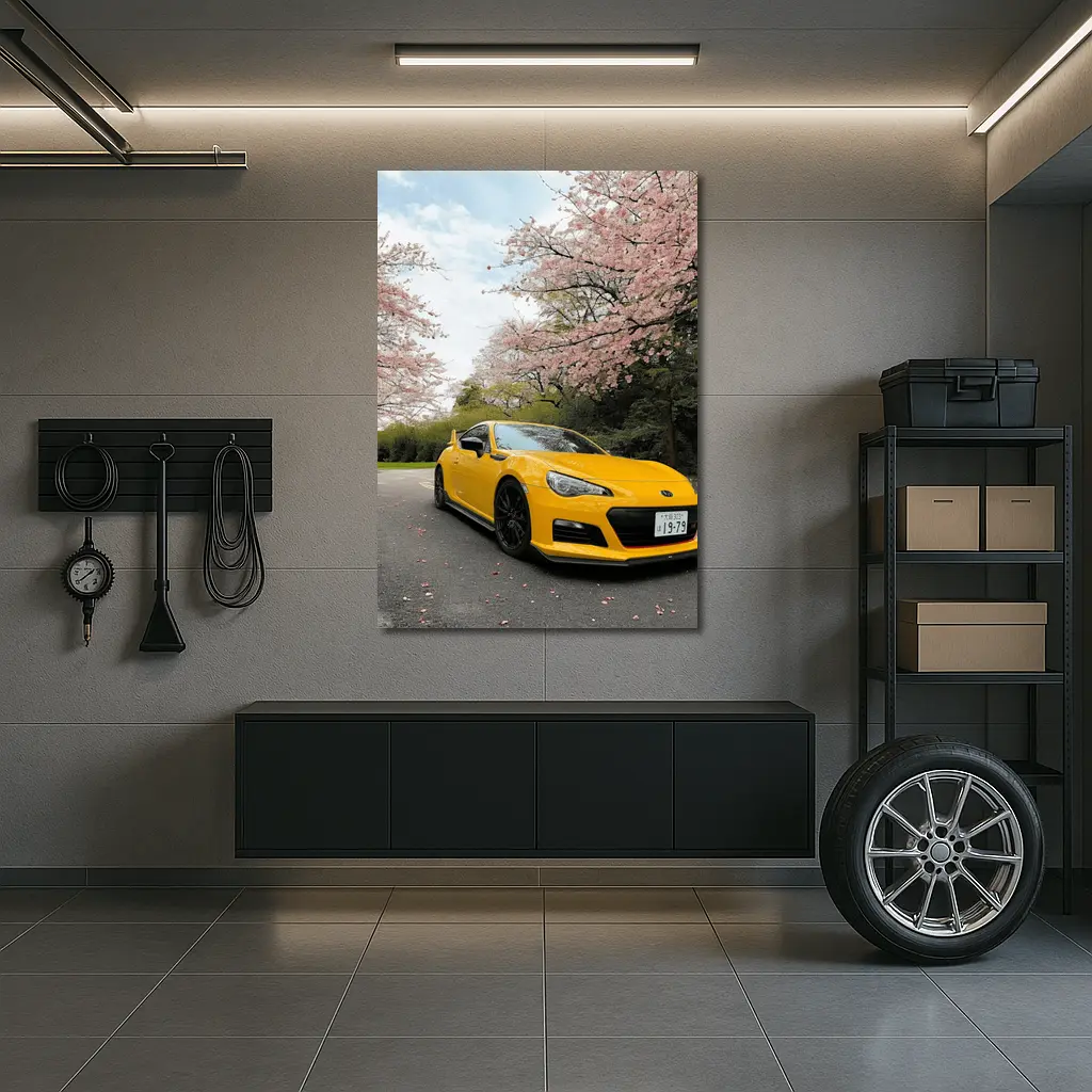 Yellow Subaru BRZ Under Cherry Blossoms – Wall Art