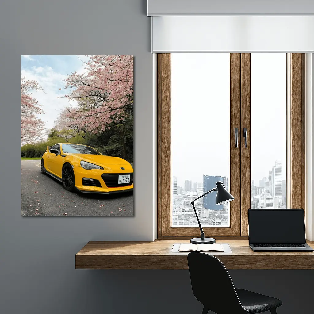 Yellow Subaru BRZ Under Cherry Blossoms – Wall Art