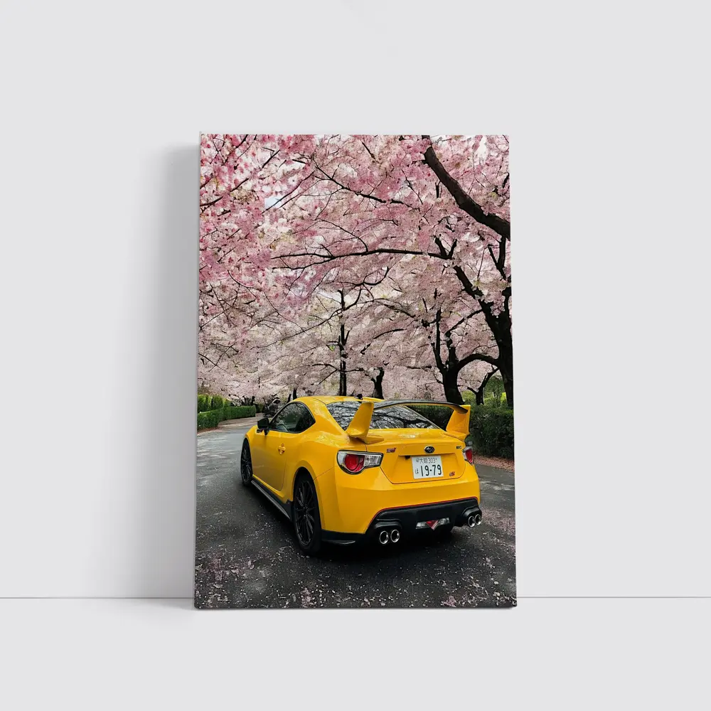 Yellow Subaru BRZ Under Cherry Blossoms – Wall Art