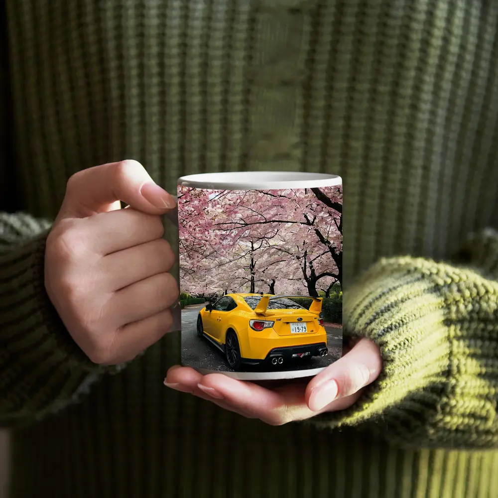 Yellow Subaru BRZ Under Cherry Blossoms – Mugs