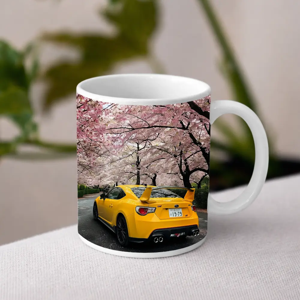 Yellow Subaru BRZ Under Cherry Blossoms – Mugs