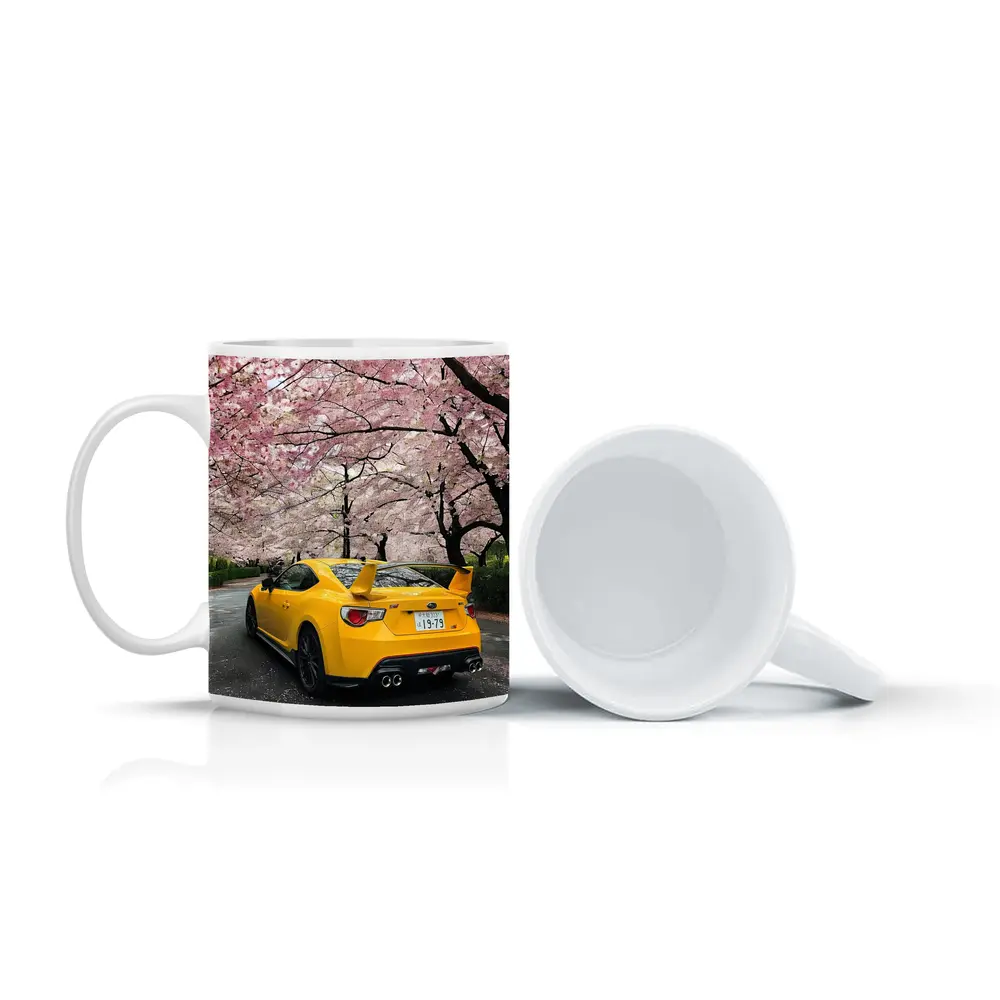 Yellow Subaru BRZ Under Cherry Blossoms – Mugs