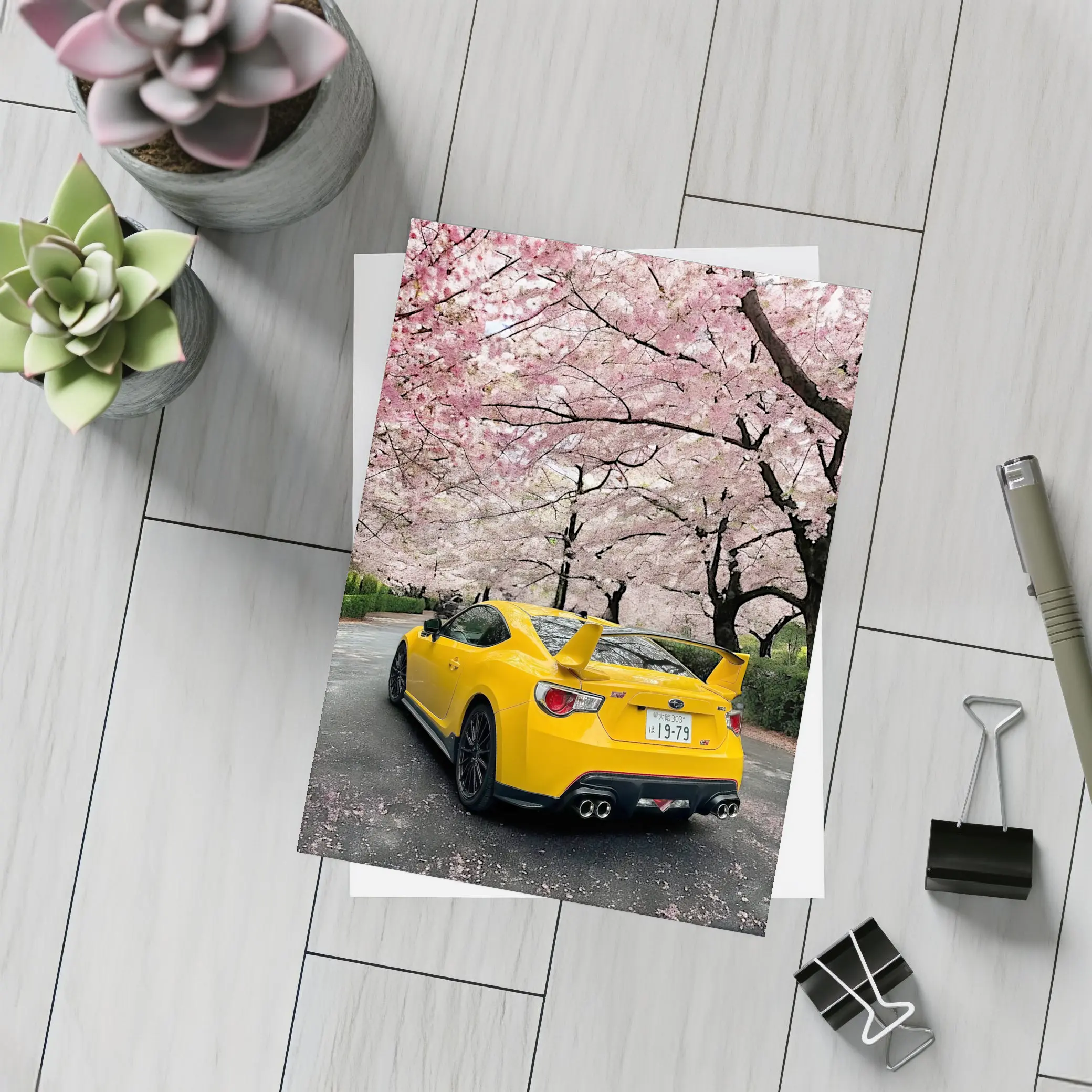 Yellow Subaru BRZ Under Cherry Blossoms – Postcards