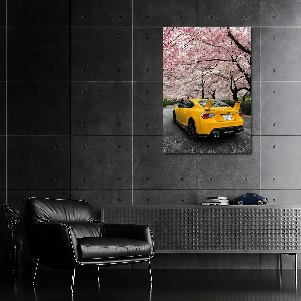 Yellow Subaru BRZ Under Cherry Blossoms – Wall Art