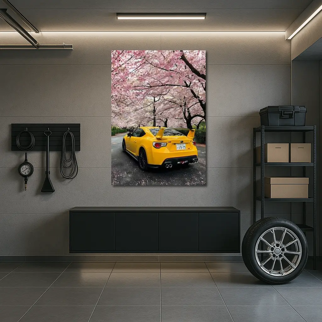 Yellow Subaru BRZ Under Cherry Blossoms – Wall Art