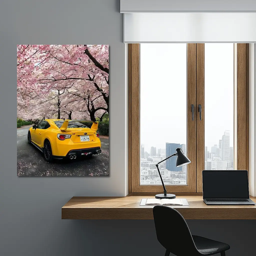 Yellow Subaru BRZ Under Cherry Blossoms – Wall Art