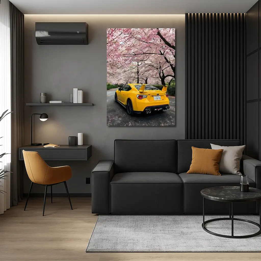 Yellow Subaru BRZ Under Cherry Blossoms – Wall Art