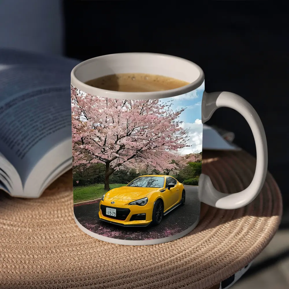 Subaru BRZ Yellow Under Cherry Blossoms – Mugs
