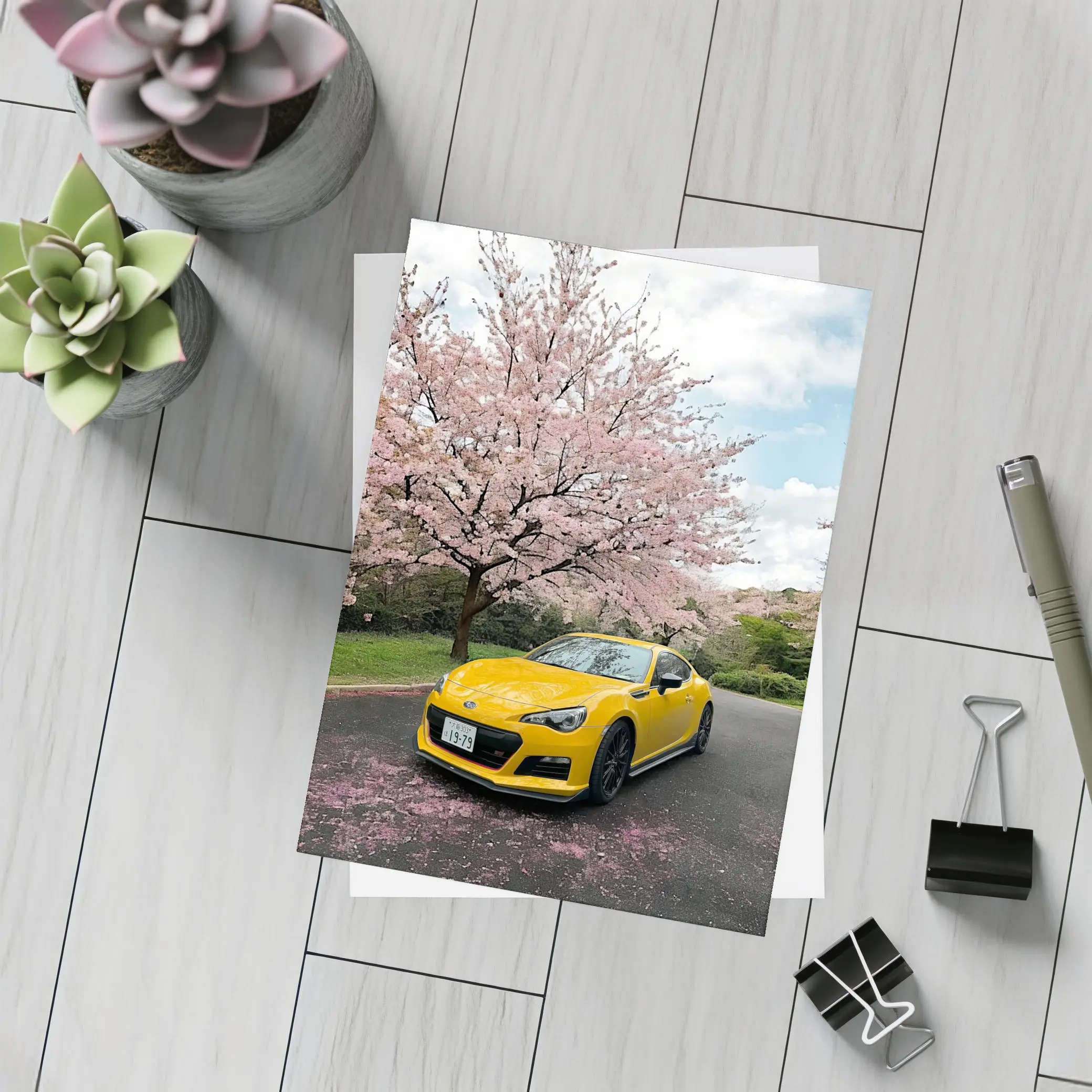 Subaru BRZ Yellow Under Cherry Blossoms – Postcards