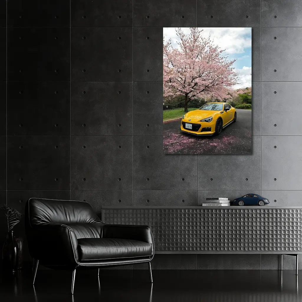 Subaru BRZ Yellow Under Cherry Blossoms – Wall Art