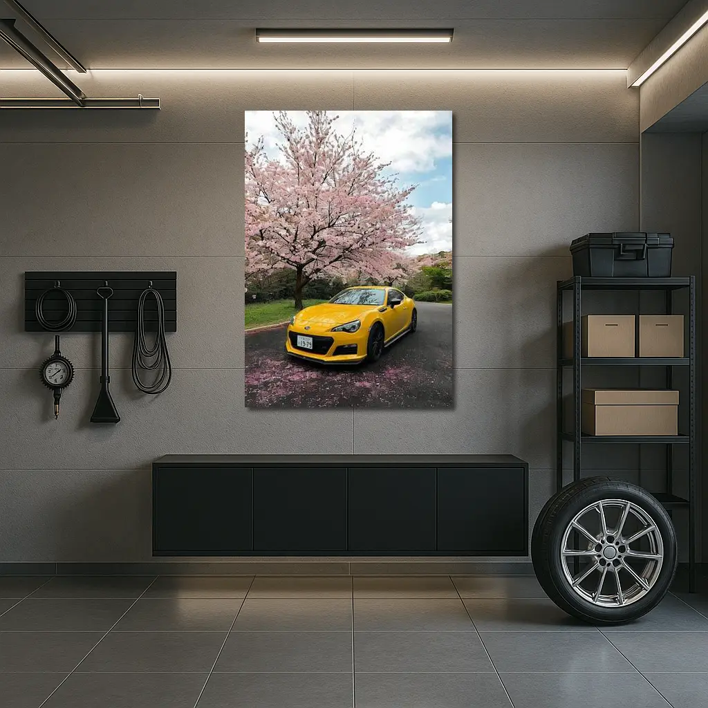 Subaru BRZ Yellow Under Cherry Blossoms – Wall Art